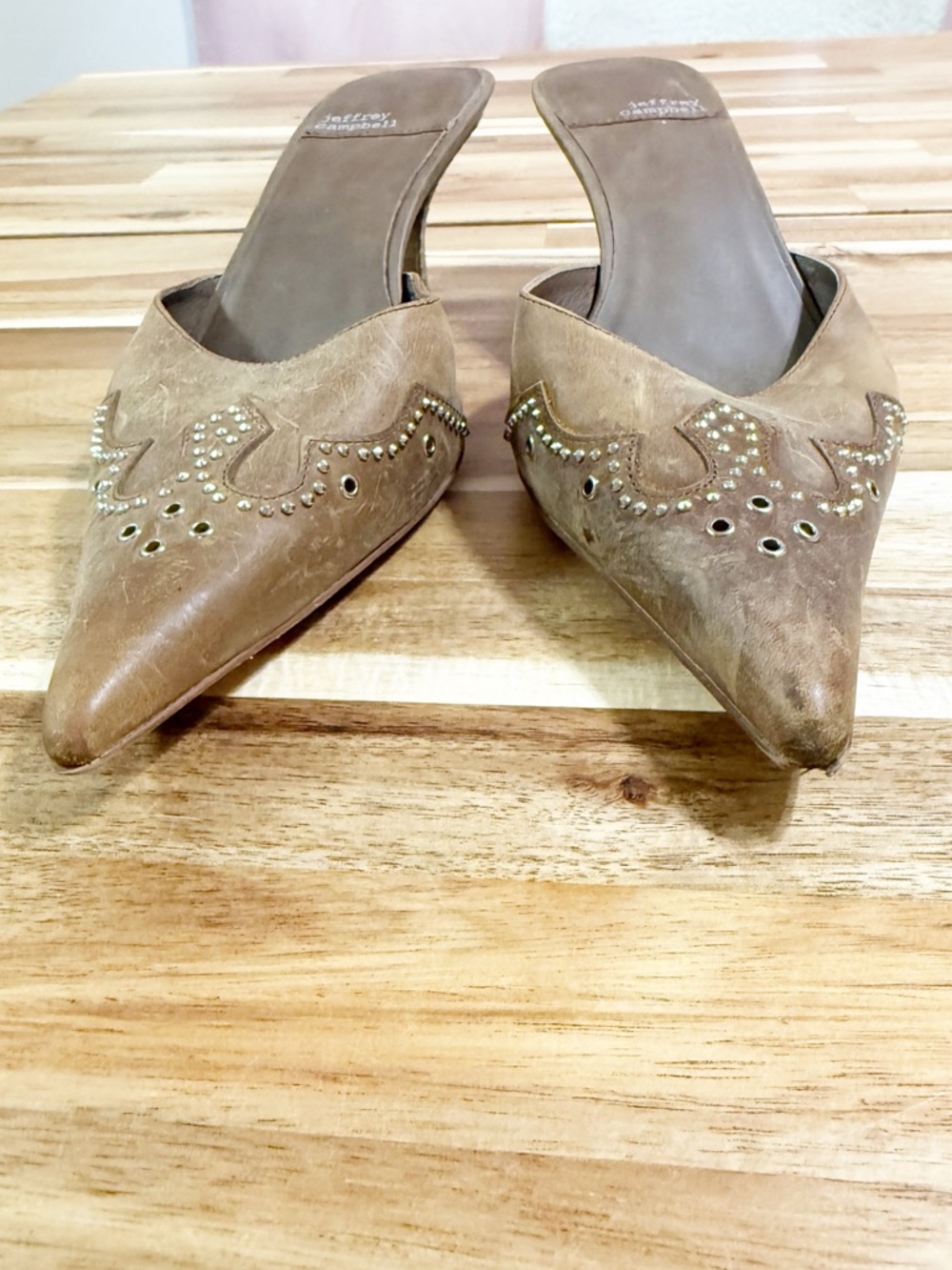 Jeffery Campbell Head-West Studded Western Pointed-Toe Heeled Mules Camel Tan - Picture 8 of 14